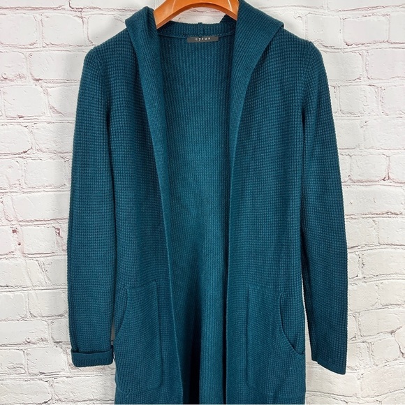 Cyrus Womens Small Hooded Sweater Cardigan Waffle Knit Cozy Grannycore Teal Blue - Picture 1 of 8